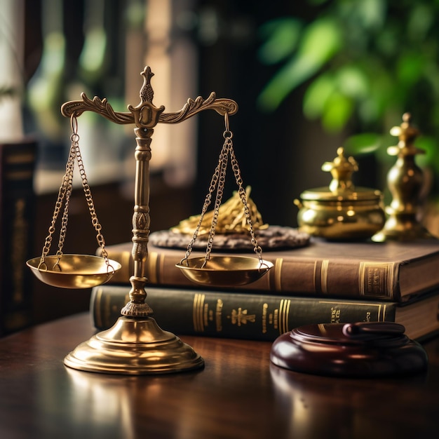 juiz martelo livros de direito e escalas de justiça na mesa
