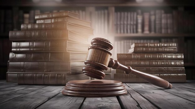 Foto juiz martelo sobre o conceito de lei da mesa de madeira