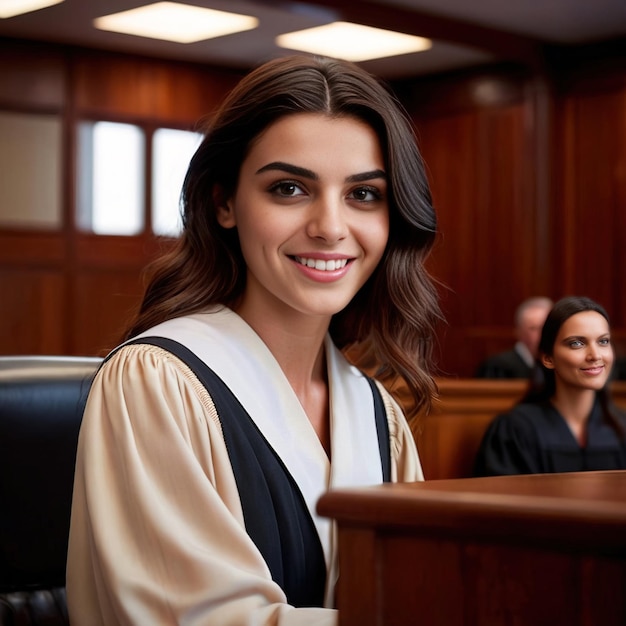 Foto juíza na sala do tribunal a sorrir.