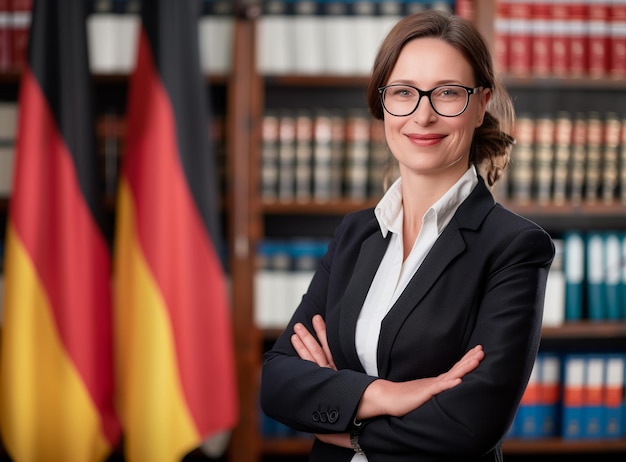Juíza profissional sorrindo com bandeira alemã e sala de julgamento no fundo