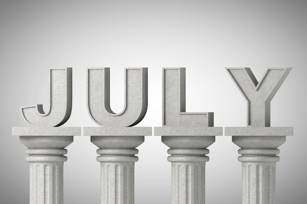Juli-Monatsschild auf klassischen Säulen im griechischen Stil