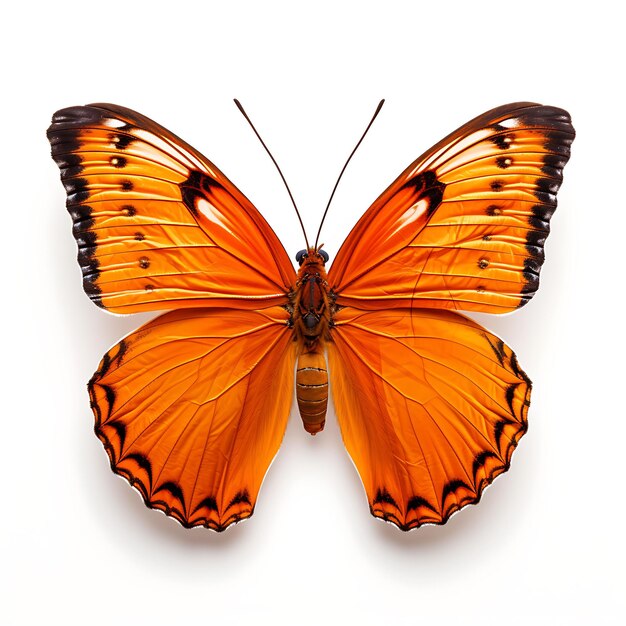 Foto julia butterfly mostrando fascinantes alas naranjas sobre fondo blanco. sesión de belleza en vista superior.