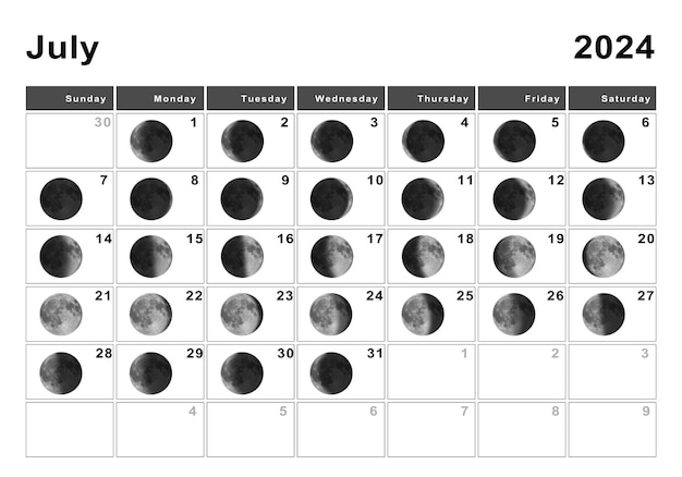 Julio 2024 Calendario lunar, Ciclos lunares, Fases lunares