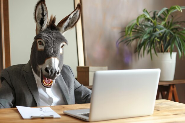 Foto jumento chocado em terno de negócios um jumento senta-se em uma mesa com um laptop e uma planta de casa