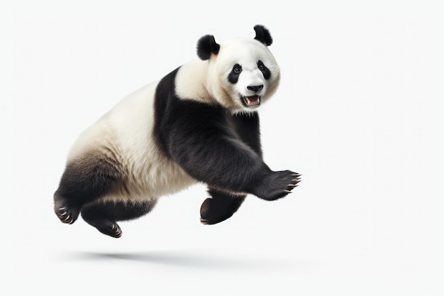 Jumping Moment Panda auf weißem Hintergrund