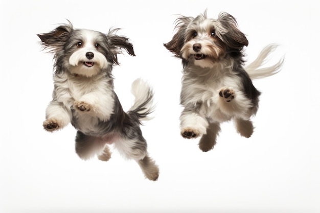 Jumping Moment Zwei Ragamuffin-Hunde auf weißem Hintergrund