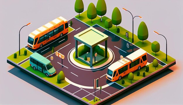 Junção de uma cidade moderna com o tráfego Com a ajuda da Generative AI, um caminhão de entrega sedã autônomo e um ônibus foram conectados