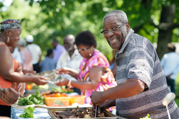 Juneteenth eine Gruppe von Menschen steht um einen Tisch herum und isst Essen