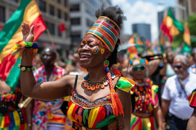 Juneteenth una mujer con un traje colorido está bailando en un desfile