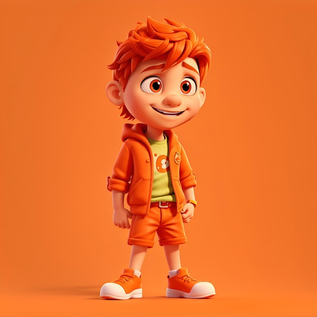 Junge 3D-Cartoonfigur mit orangefarbenem Hintergrund