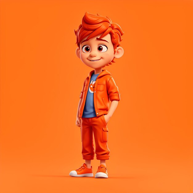 Junge 3D-Cartoonfigur mit orangefarbenem Hintergrund