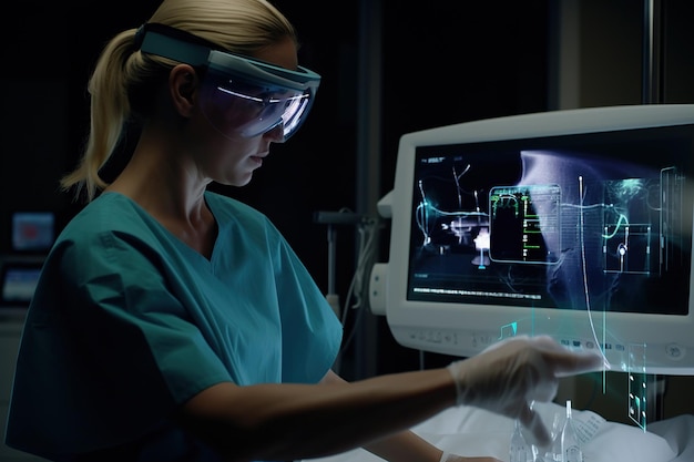 Foto junge ärztin führt medizinische forschung mit virtual-reality-technologie durch
