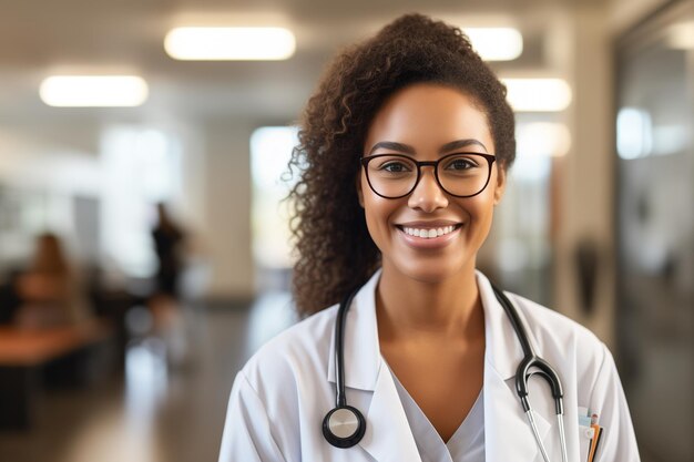 Foto junge ärztin mit einem modernen klinik-hintergrund