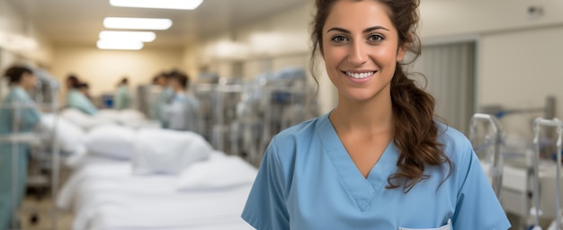 Foto junge ärztin oder krankenschwester mit einem hintergrund in einer modernen klinik