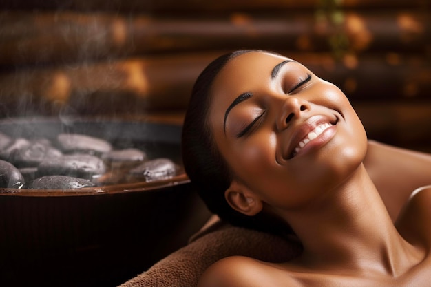 Junge afrikanisch-amerikanische Frau entspannt und schwitzt in der heißen Sauna. Entspannen Sie sich im heißen Badehaus mit Dampf