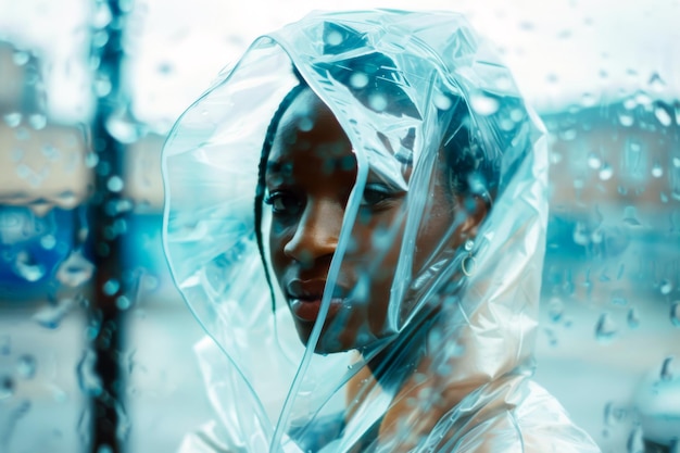 Junge afrikanisch-amerikanische Frau in Regenmantel und Regenkleidung schaut in die Kamera