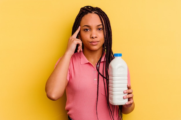 Junge Afroamerikanerfrau, die eine Milchflasche lokalisiert auf gelbem Hintergrund zeigt Tempel mit Finger, denkend, fokussiert auf eine Aufgabe.