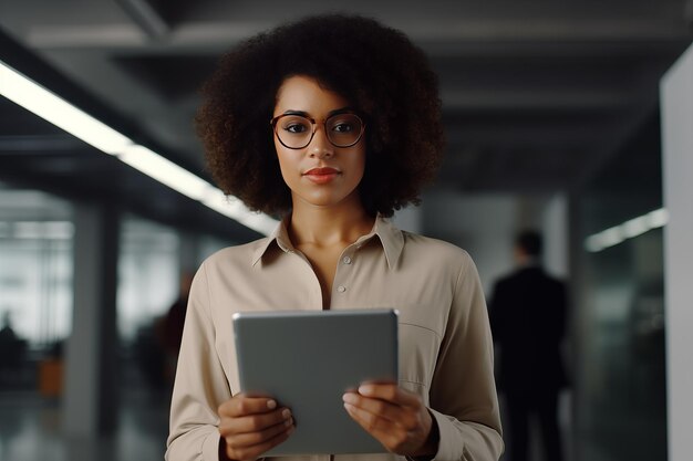 Foto junge afroamerikanische frau in brille mit tablet in den händen steht im büro