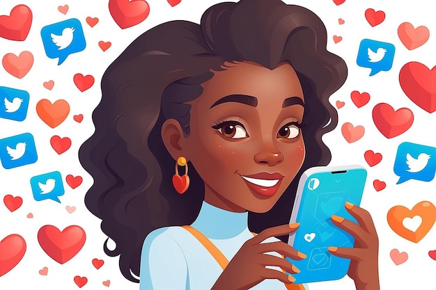 Junge afroamerikanische Frau mit einem Smartphone mit vielen sozialen Medien Herz wie Ikonen