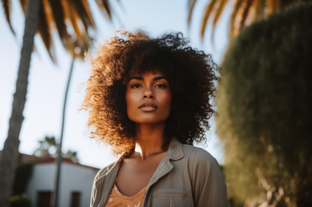 Junge afroamerikanische Frau mit lockigem Haar im Urlaub