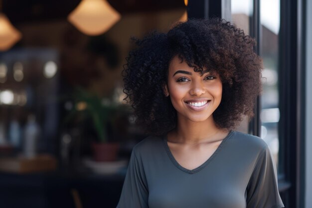 Junge afroamerikanische Frau mit lockigem Haar steht vor einem Geschäft
