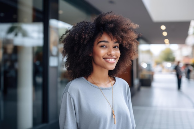 Junge afroamerikanische Frau mit lockigem Haar steht vor einem Geschäft
