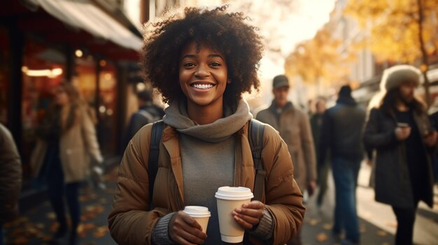 Junge afroamerikanische Frau trinkt auf der Straße Kaffee und hält eine Kaffeekuppe aus Papier