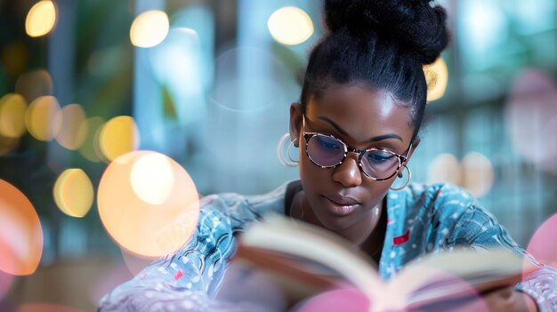 Junge afroamerikanische Frauen studieren Buch-Bokeh-Hintergrund Konzept zum Frauentag Frauenförderung durch Bildung