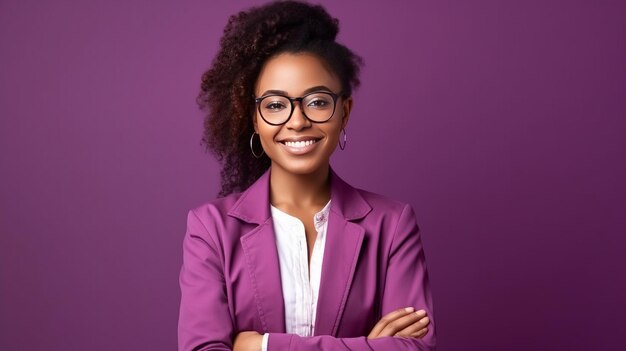 Junge afroamerikanische Geschäftsfrau mit Brille steht vor violettem Hintergrund