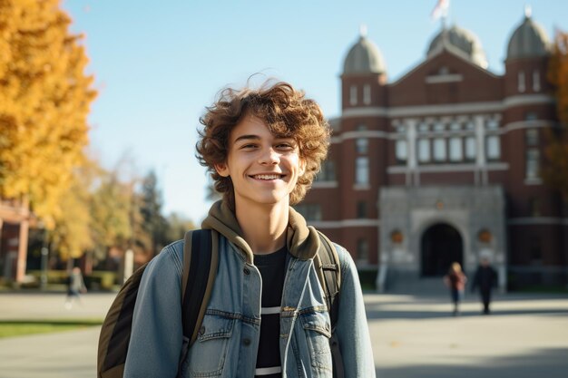 Junge amerikanische Studentin mit Rucksack, die auf dem Universitätsgelände spazieren geht