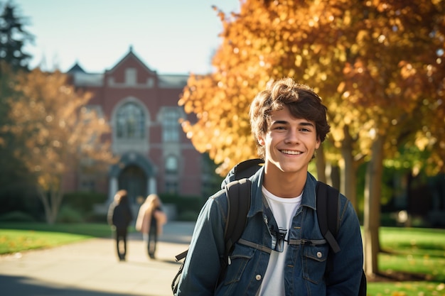 Junge amerikanische Studentin mit Rucksack, die auf dem Universitätsgelände spazieren geht
