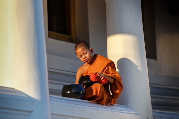 Junge Anfängermönche sitzen Reinigungsalmosenschüssel im Kloster der große Fenstertempel