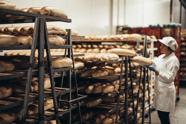 Junge Arbeitnehmerin, die in der Bäckerei arbeitet. Sie stellt Brot ins Regal.