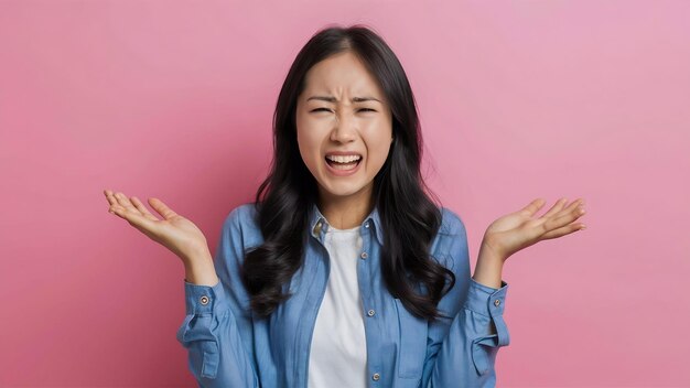 Junge asiatische Dame mit negativem Gesichtsausdruck, aufgeregt, schreitend, weinend, emotional wütend, in lässiger Kleidung.