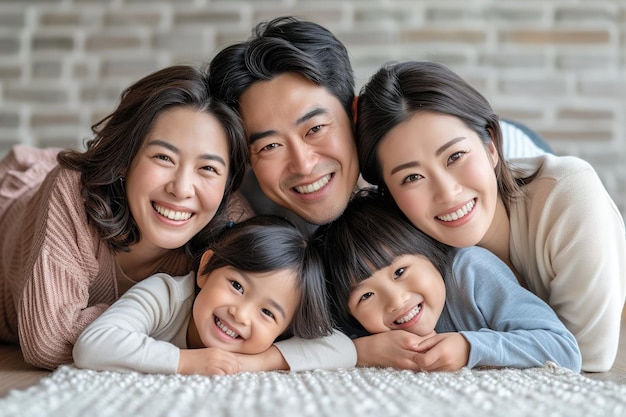 Junge asiatische Familie, die sich zu Hause vor der Kamera amüsieren