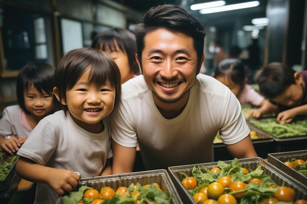 Junge asiatische Familie kocht zusammen in der Küche