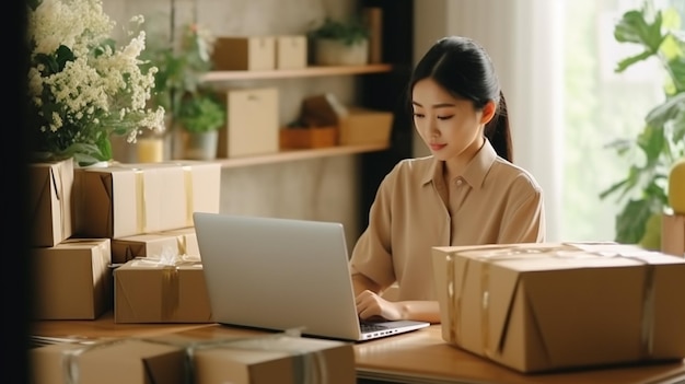 junge asiatische Frau arbeitet an einem Laptop im Büro Geschäftskonzept