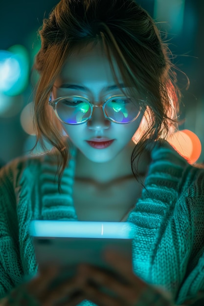Junge asiatische Frau benutzt nachts ein Smartphone mit farbenfroher Neonlichtreflexion auf Brille