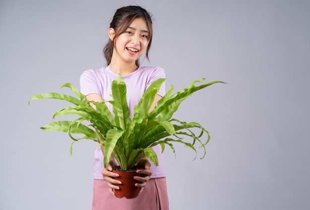 Junge asiatische Frau, die einen Topf auf grau hält