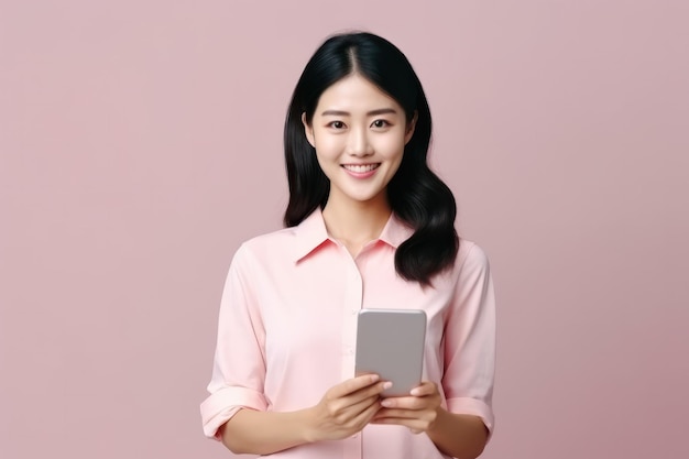 Junge asiatische Frau im rosa Hemd hält Smartphone mit lebendiger Energie, modernem Lebensstil und Konnektivitätskonzept