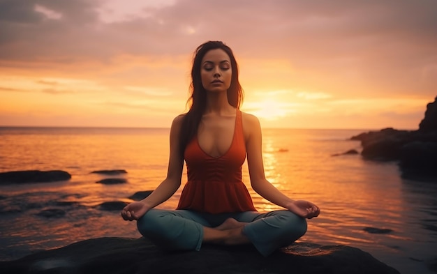 Junge asiatische Frau meditiert am Meer