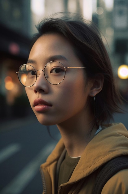 Junge asiatische Frau mit Brille, die auf einer Stadtstraße spaziert, aigeneriertes Kunstwerk