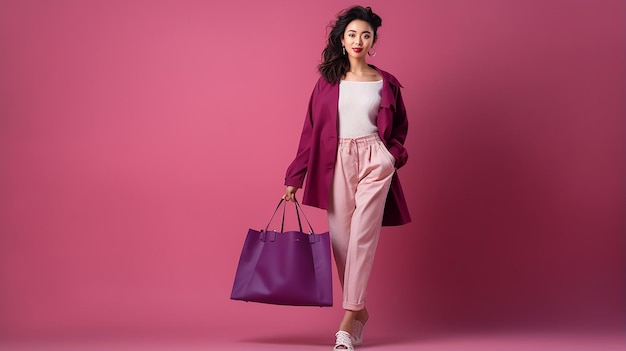 Junge asiatische Frau mit Einkaufstasche auf lila Hintergrund