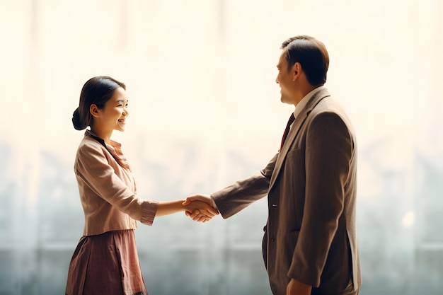Junge asiatische Frau schüttelt einem Geschäftsmann die Hand