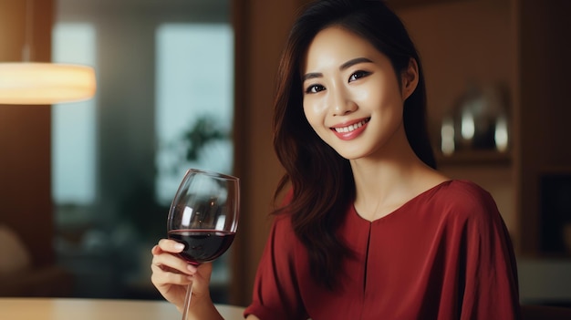 Junge asiatische Frau sitzt mit einem Glas Rotwein