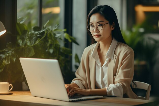 junge asiatische Frau sitzt zu Hause mit Laptop-Computer Mädchen surft Websites oder studiert