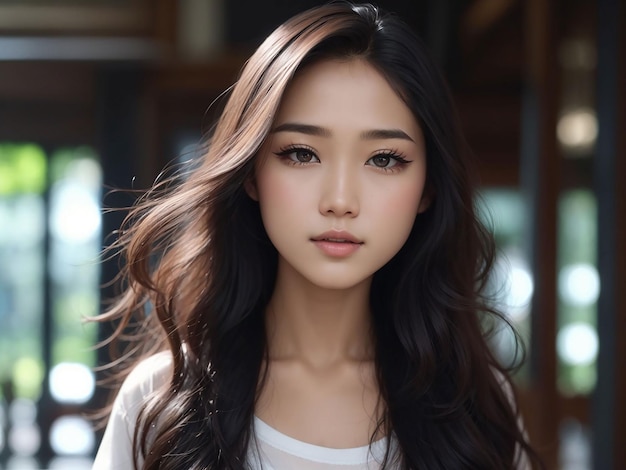 Junge asiatische Frauen mit langen Haaren und natürlichem Make-up im Gesicht haben pralle Lippen und saubere, frische Haut