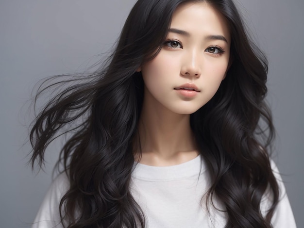 Junge asiatische Frauen mit langen Haaren und natürlichem Make-up im Gesicht haben pralle Lippen und saubere, frische Haut