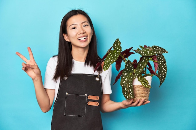 Junge asiatische Gärtnerin hält eine Pflanze im Studio als Hintergrund, freudig und sorglos und zeigt ein Friedenssymbol