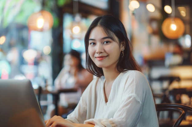 Junge asiatische Geschäftsfrau arbeitet an einem Laptop-Computer in einem Café